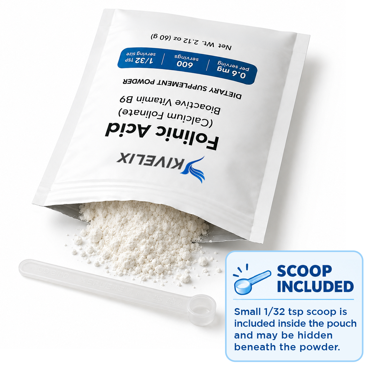 Opened KIVELIX Folinic Acid Powder pouch with powder and scoop